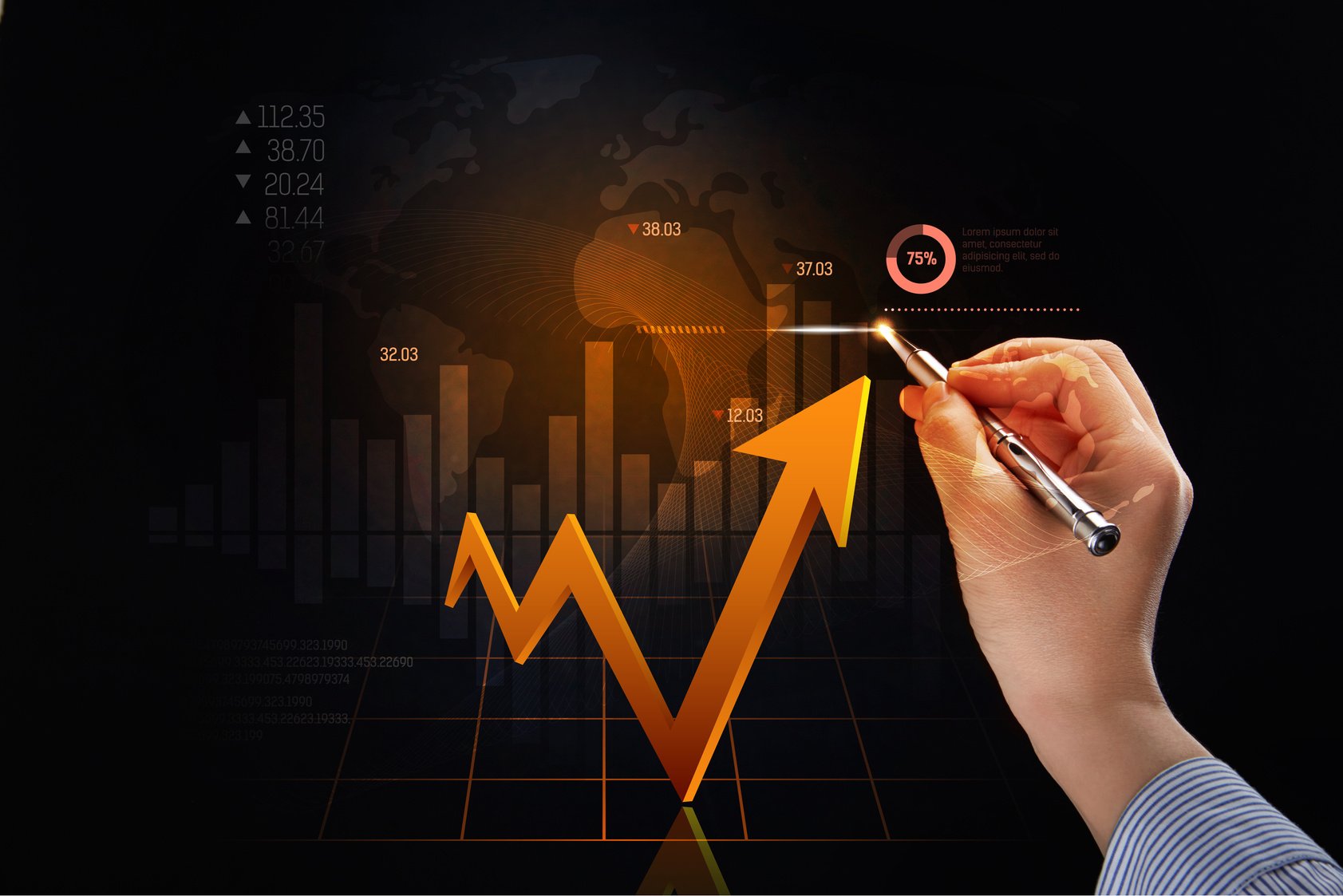 Hand holding pen with finance concept